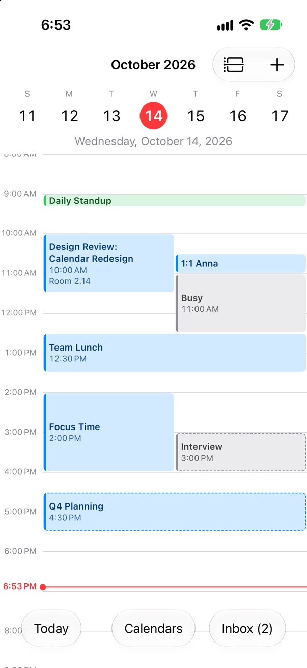 The day view with meetings from several calendars