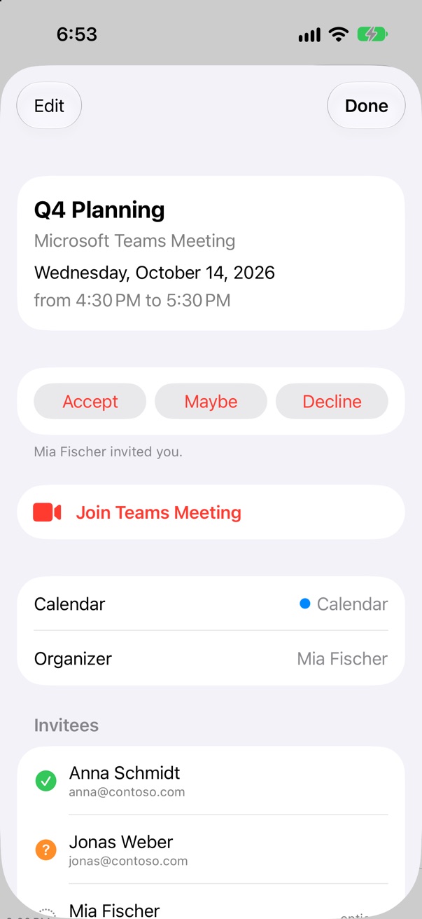 An invitation with Accept, Maybe and Decline, and a button to join the Teams meeting