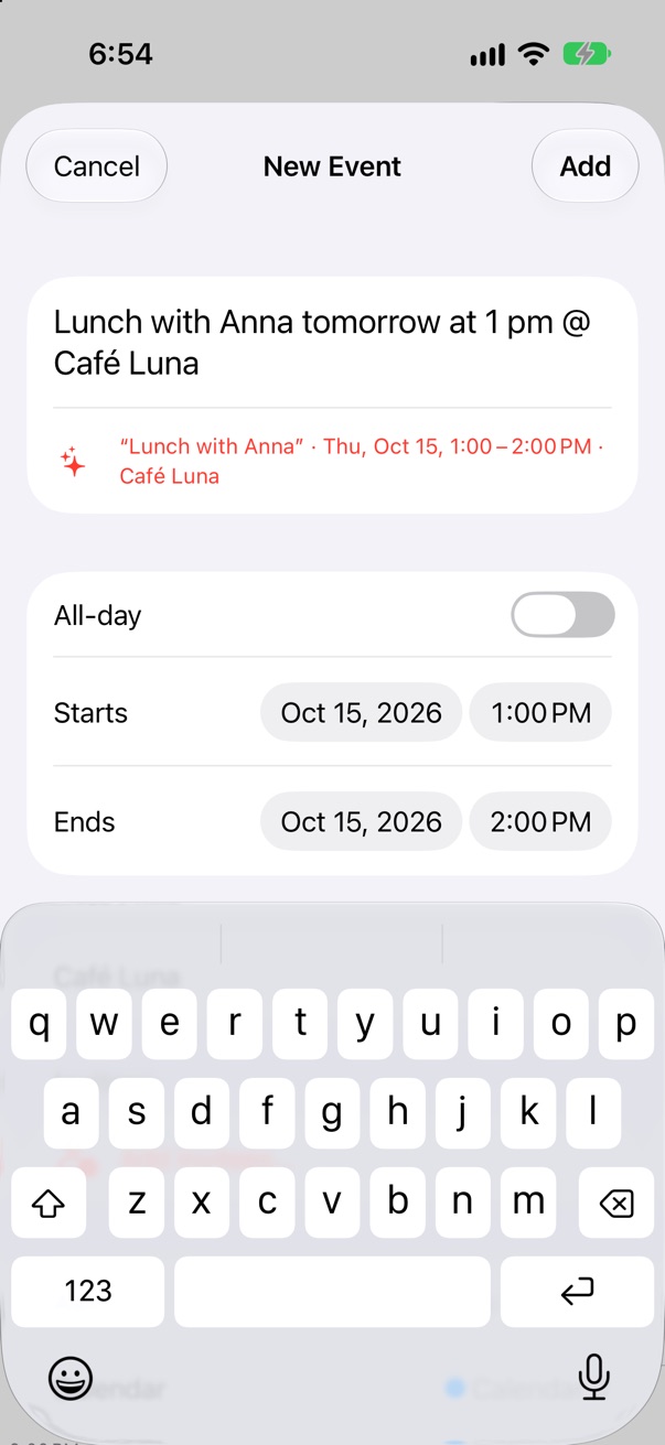 A new event typed as a sentence, with date, time and place filled in
